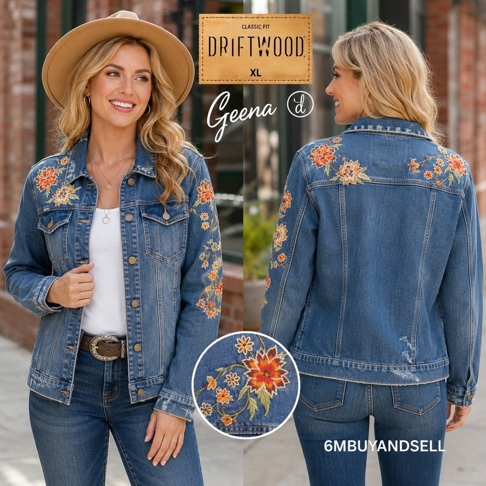 Driftwood Geena Embroidered Denim Jacket XL Blue Floral Distressed Classic Fit